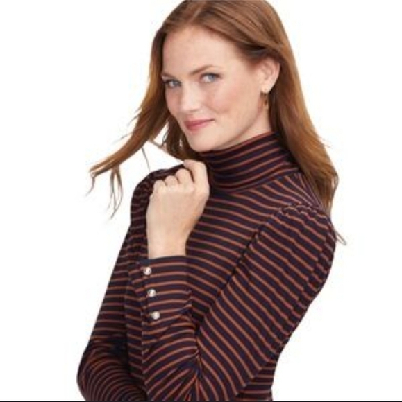 Talbots Bergen Stripe Button Long Sleeve Ribbed Turtle Neck Top - Picture 1 of 11